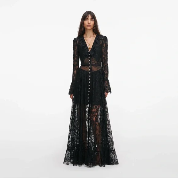 Self Portrait BLACK LACE RUFFLE MAXI DRESS $970 New with tag - Picture 3 of 15